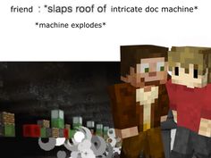 two people standing next to each other in front of a screen with text that reads, friend stays roof of intricate doc machine