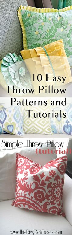 pillows that have different patterns and colors on them, with the text 10 easy throw pillow patterns