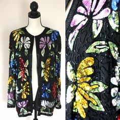 "Beautiful silk jacket in a lovely floral pattern . From Sweelo..a very good company, with beautiful designs This is in very good condition no size tags, but here are the measurements: I would say this is a medium..or a small with room Measurements: Length: 29\" long Sleeves: 24\" Shoulder to shoulder 17\" Width 40\" beautifully sequined and in very good condition! really a beauty Enjoy!" Spring Evening Outerwear With Floral Embroidery, Spring Party Outerwear With Floral Embroidery, Floral Embroidered Outerwear For Spring Evening, Spring Floral Embroidered Evening Outerwear, Floral Print Long Sleeve Outerwear For Party, Spring Party Outerwear With Floral Print, Silk Sequined Long Sleeve Outerwear, Spring Bohemian Outerwear With Sequins, Vintage Sequined Outerwear For Spring