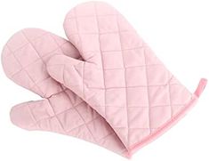 two oven mitts are sitting on top of each other, one is pink and the other is light pink