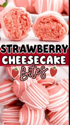 strawberry cheesecake bites on a white plate with strawberries in the background and text overlay that reads, strawberry cheesecake bites