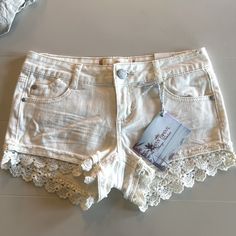 Here Shorts Have Never Been Worn And Are New With Tags! Casual Bottoms With Lace Trim, Casual High Waist Bottoms With Lace Trim, Cute Lace Trim Bottoms For Spring, Trendy Stretch Bottoms With Lace Trim, Casual Stretch Bottoms With Lace Trim, Casual Fitted Bottoms With Lace Trim, High Waist Bottoms With Lace Trim For Spring, Fitted Casual Shorts With Lace Trim, Summer Stretch Bottoms With Lace Trim