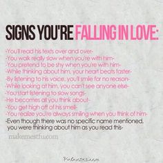 the words are written in pink and black on an old paper background, which reads signs you're falling in love