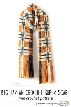 the big tartan crochet super scarf is shown in orange, black and white