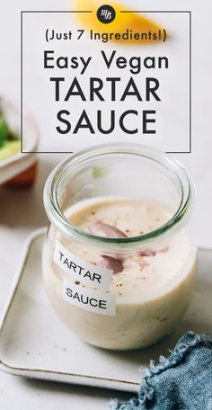 an easy vegan tartar sauce in a glass jar