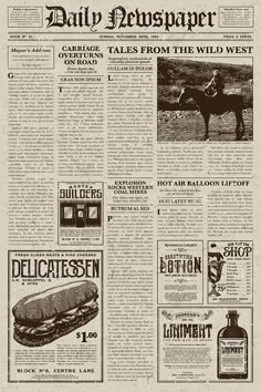 an old newspaper with advertisements on the front and back pages, including hotdogs from the wild west