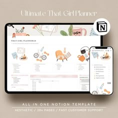 an ipad and tablet with the text ultimate that girl planner on it, all in one motion template