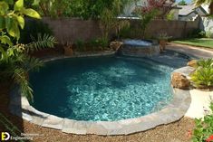 a small swimming pool in the middle of a yard with trees and plants around it