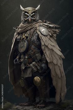 an owl dressed as a knight with wings and armor, standing in front of a dark background