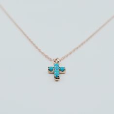 Cross Turquoise Necklace, 14k Gold Crucifix necklace, Small 14k cross necklace, Turquoise cross, Dainty gold cross necklace