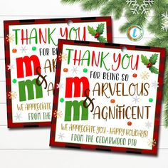 two christmas cards with the words thank you for being so marvelous