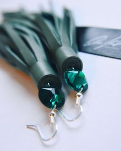 Beautiful and rich leather earrings | Handcrafted leather earrings for women | Everyday style leather earrings | Handmade tassel leather earrings | SWAROVSKI crystal earrings | Handmade swarovski earrings for women Chic Black Earrings With Fringe, Green Dangle Tassel Earrings With Fringe, Adjustable Leather Tassel Earrings, Black Fringe Tassel Drop Earrings, Green Leather Dangle Earrings, Pink Emerald, Festival Earrings, Swarovski Crystal Earrings, Leather Fringe