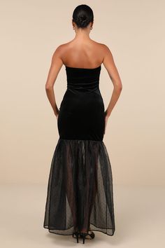 Admirers will come from far and wide to see just how good you look in the Lulus Esteemed Glamour Black Velvet Strapless Trumpet Hem Maxi Dress! Luxe plush velvet shapes this sensational dress that features a strapless bodice (with hidden no-slip strips) and a sleek, straight neckline. The figure-flaunting silhouette has asymmetrical seam detailing throughout as it continues down to a flaring, sheer trumpet-style panel composed of gauzy organza and adorned with dainty polka dots all over. Maxi he Glamorous Black Strapless Maxi Dress, Black Strapless Floor-length Cocktail Dress, Black Floor-length Strapless Dress For Cocktail, Floor-length Black Strapless Dress For Cocktail, Black Strapless Midi Dress For Prom, Black Polka Dot Dress, Black Polka Dot, Polka Dot Dress, Black Velvet