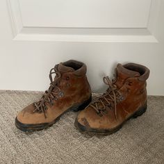 These Boots Are Very Much Pre Loved And Used But Still Do What They Do Best. The Worn Brown Color Shows That They Are Authentic And Vintage. They Also Have Brand New Laces! Brown Closed Toe Hiking Boots, Hiking Boots With Vibram Sole, Closed Toe Hiking Boots With Vibram Sole, Brown Waterproof Closed Toe Boots With Reinforced Heel, Brown Hiking Boots With Closed Toe For Walking, Casual Brown Closed Toe Hiking Boots, Brown Closed Toe Hiking Boots For Walking, Brown Round Toe Hiking Boots, Brown Hiking Boots With Round Toe