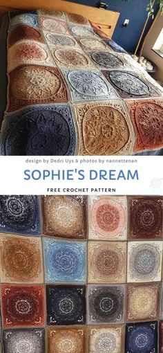 a bed with a blanket made out of different colors and designs on it, along with the words sophiie's dream