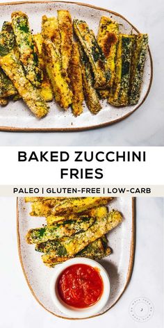 baked zucchini fries on a plate with ketchup and dipping sauces