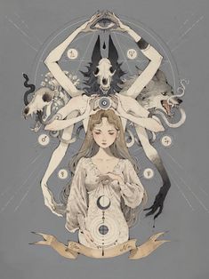 a woman surrounded by animals and other things in her body, with the moon above her head