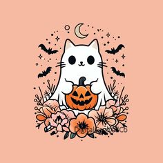 a white cat sitting on top of a pumpkin surrounded by flowers and bats with a moon in the background