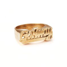 A perfect addition to your favorite stack - our signature nameplate rings are a quirky spin on an old school favorite. Guacamole? Winetime? Sweatpants? Whatever your passion... we GET you.Hand-carved unisex rings are available in sizes 5-13 - please contact us directly for any additional sizing needs.These items are handmade! Please allow 5-10 business days for rings to be sized and shipped. Rush shipping is available upon checkout. Nameplate Ring, Unisex Rings, Unisex Ring, Dream Jewelry, Stylish Jewelry, Earings Piercings, Rings Statement, Guacamole, Statement Rings