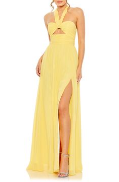 Evening Dress With Halter Neck And Split Design, Halter Neck Evening Dress With Split Design, Evening Halter Neck Dress With Split Design, Cocktail Maxi Dress With Side Slits And Halter Neck, Cutout Floor-length Maxi Dress For Gala, Floor-length Cutout Maxi Dress For Gala, Chifon Dress, Halter Neck Gown, Cutout Gown