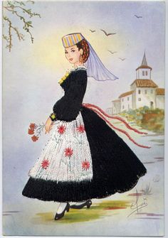 a painting of a woman wearing a black dress and hat with flowers in her hand