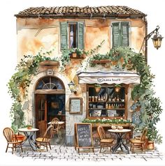 a watercolor painting of an outdoor cafe with tables and chairs in front of it