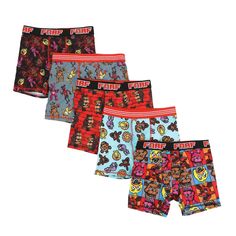 Elevate your child's wardrobe with this officially licensed five-pack of Five Nights at Freddy's boys' boxer briefs! Each of the five pairs of included boxers features vibrant, professionally printed graphics of favorite series characters, bringing the excitement of the gaming universe to life. Crafted from a comfortable blend of 83% polyester, 9% recycled polyester, and 8% spandex brush, these boxer briefs offer a soft and flexible fit that promises the utmost comfort for all-day wear. When it' Series Characters, Magic For Kids, Boy Character, Birthday Gif, Five Night, Five Nights At Freddy's, Boxer Briefs, Repeating Patterns