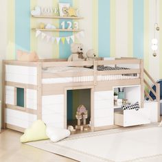 a child's bedroom with a bunk bed and toys