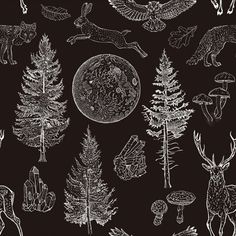 hand drawn forest animals and trees on black background