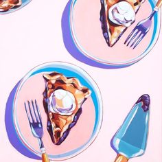 two slices of pie on plates with forks and spoons next to each other in front of a pink background