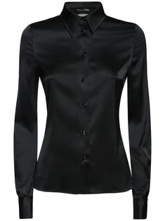 Tom Ford - Fitted stretch silk satin shirt - Black | Luisaviaroma Black Satin Shirt, Satin Shirts, Satin Shirt, Mother Of Pearl Buttons, Pearl Buttons, Shearling Jacket, Silk Shirt, Swimwear Tops, Black Satin