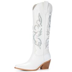 PRICES MAY VARY. Unique Design Elegance: Platikly white cowboy boots for women elevate your style game. Our innovative take on the knee-high cowboy boot features a mesmerizing combination of sparkly diamonds and a bold silhouette, radiating confidence and allure that's perfect for ladies seeking a unique fashion statement. Rhinestone Studded Glam: These white cowgirl boots replace traditional embroidery. The glittery details and bling crystal accents add a glamorous touch to the classic western Western White Embellished Boots, White Rhinestone Boots For Fall, White Embellished Boots With Pointed Toe, White Embellished Spring Boots, White Western Party Boots, White Embellished Boots With Round Toe, Western Boots With Rhinestones For Spring, White Rhinestone Boots With Round Toe, White Rhinestone Boots For Spring