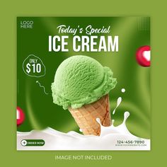 an ice cream advertisement with a green background