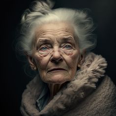 an old woman with white hair and blue eyes