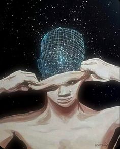 the man is holding his head with one hand and looking at the stars in the sky