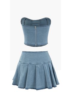 This look combines a flowy, mid-length pleated skirt with a formfitting, strapless denim tube top. The flowing pleats of the skirt give a fanciful yet sophisticated sway, while the top's form-fitting design displays a hint of elasticity for comfort. Ideal for any casual occasion. Materials: 99% cotton, 1% spandex Stretch Level: has stretch Style: Contemporary two-piece sei Details: Tube top with pleated skirt Waist Line: High waist Pattern: Solid denim Imported Disclaimer: Colors may vary slightly due to lighting and monitor settings Denim Tube Top, Pleated Skirt Set, Denim Set, Denim Chic, Monokini Swimsuits, Denim Romper, Denim Maxi Skirt, Sleeved Romper, Denim Jumpsuit