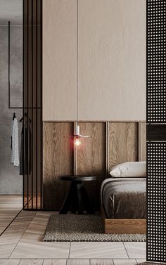 a bed sitting next to a wooden wall in a room with tile flooring and walls