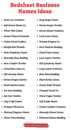 the bed sheet business names list is shown in red, white and black text that reads bedsheet business names