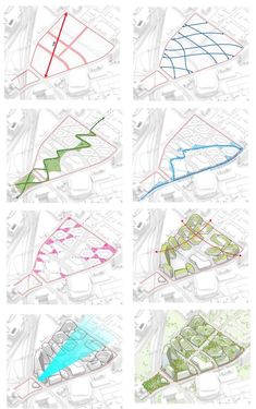 four different views of the same building and its surrounding area are shown in red, green, blue, and yellow