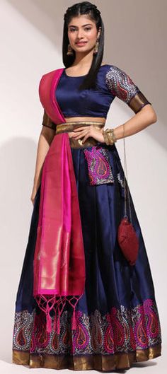 Blue color Lehenga in Silk fabric with Thread, Weaving work Festive Blue Cotton Silk Lehenga, Diwali Blue Silk Lehenga, Blue Dola Silk Lehenga For Festivals, Blue Raw Silk Lehenga For Festivals, Blue Raw Silk Floor-length Lehenga, Blue Color Lehenga, Thread Weaving, Engagement Lehenga, Engagement Reception