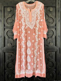 Women's Pastel Pink Hand Embroidered Crepe Silk Lucknowi Chikankari Kurta White Straight Pants, Phulkari Pants, Lucknowi Kurta, Pastel Pink Color, Chikankari Embroidery, Chikankari Kurta, Bridal Dupatta, Phulkari Dupatta, Lucknowi Chikankari