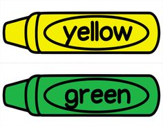 two yellow and green crayons with the words below them are labeled in black