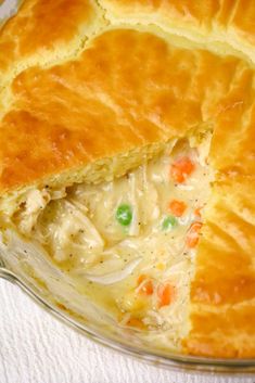 a chicken pot pie is cut in half