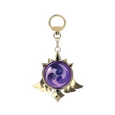 a metal keychain with a purple and gold medallion on it's side