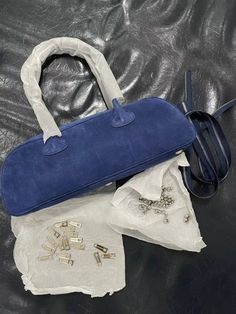 40437933506631 Blue Baguette Bag With Detachable Top Handle, Blue Baguette Bag With Detachable Handle, Navy Bag With Top Handle, Navy Leather Bag With Handles, Navy Shoulder Bag With Handles, Navy Shoulder Bag, Korean Fashion Chic, Cow Leather, Leather Shoulder Bag