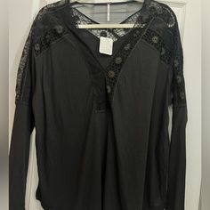 Brand New With Tags Free People Women’s Long Sleeve Top, Size Medium, But Fits Like A L/Xl Thinner Material, But Super Cute!! Black Lace Trim Top For Loungewear, Black Long Sleeve Tops With Lace Trim, Black Blouse For Fall Loungewear, Black Lace Trim Tops For Fall, Black Lace Tops, Black Lace, Lace Trim, Free People, Lace Top