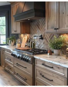 a kitchen with wooden cabinets and marble counter tops, along with an open range hood