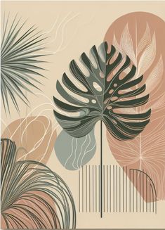 an abstract painting with palm leaves and other tropical plants in shades of pink, green, beige and grey