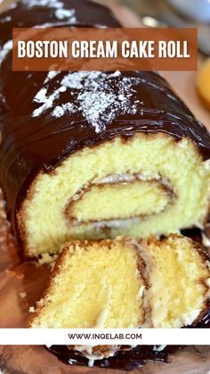 boston cream cake roll is cut in half