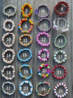 many different bracelets with numbers on them